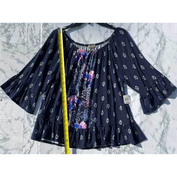 Style & Co Womens Floral Print Knit Top W/Ruffle Hem Large Navy Rayon Blend - Picture 3 of 7